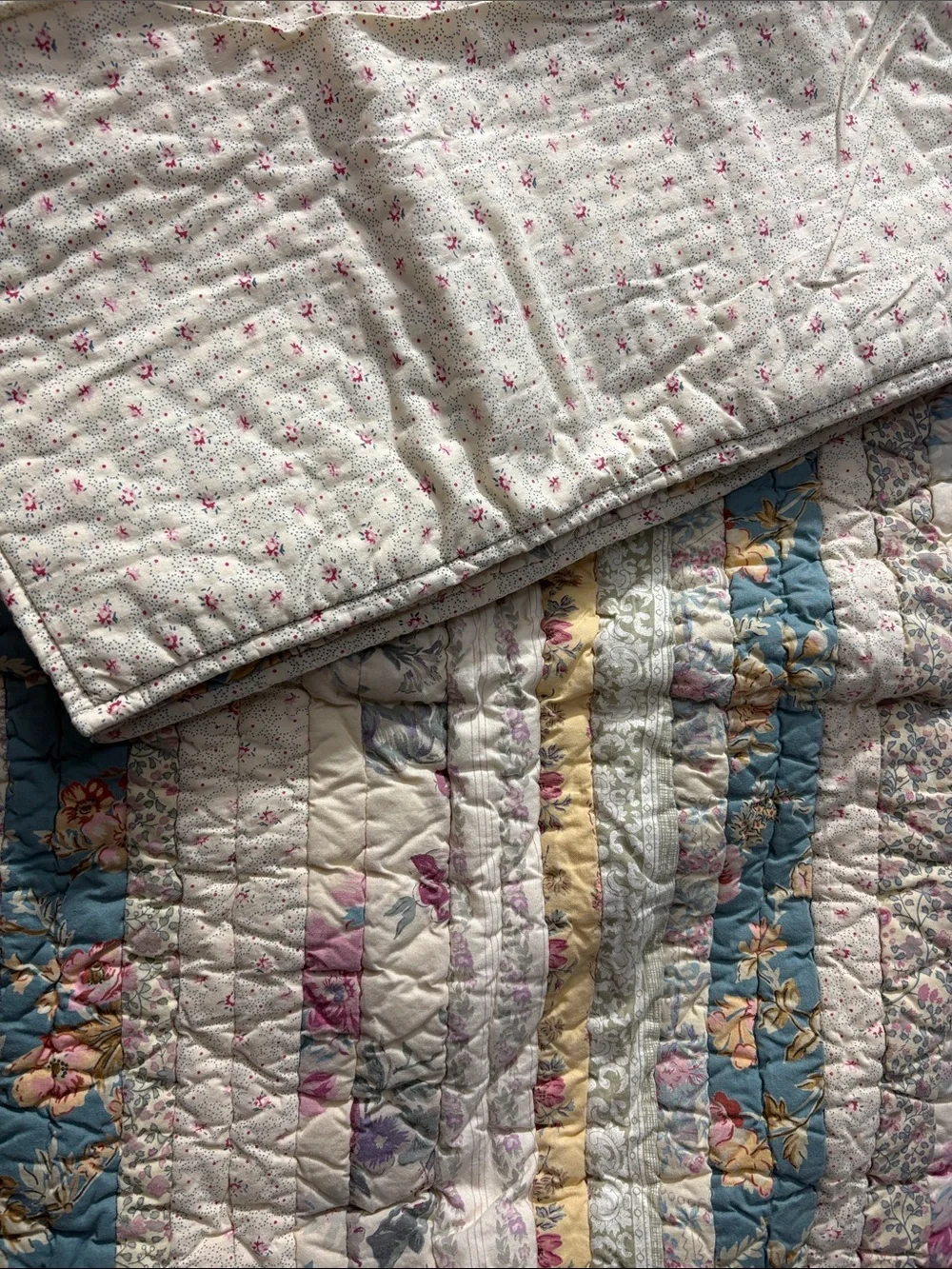 Set of Pottery Barn Floral Patchwork standard shams in Cream, Blue & Pink